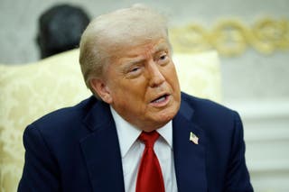 U.S. President Donald Trump answers journalists' issues, while meeting NATO Secretary General Mark Rutte in the Ovelski office in the White House